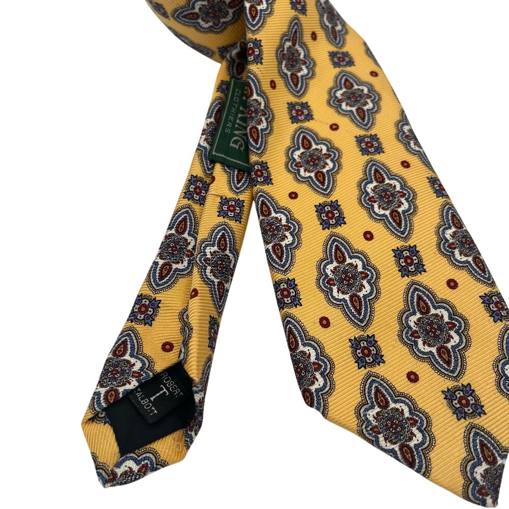 ROBERT TALBOTT CARMEL Yellow Multicolor Medallion Jacquard Silk Tie Hand Sewn US